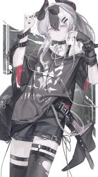 Rule 34 | 1girl, absurdres, alternate costume, arm belt, arm warmers, belt, black arm warmers, black bag, black belt, black collar, black hair, black nails, black shirt, black shorts, black thighhighs, blue archive, chain, collar, cowboy shot, demon girl, demon horns, ear piercing, eyewear on head, highres, horns, kayoko (blue archive), long hair, multicolored hair, nail polish, piercing, ponytail, red eyes, shirt, shorts, single arm warmer, solo, streaked hair, sunglasses, t-shirt, thigh strap, thighhighs, torn clothes, torn thighhighs, white hair, yaoyao (yoyo27456335489)