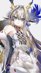 1girl arknights bare_shoulders bead_necklace beads blonde_hair breasts brooch collarbone dragon_girl dragon_horns dragon_tail earrings eastern_dragon_horns eastern_dragon_tail green_eyes hair_between_eyes hair_ornament highres hiyoko_(96823534) horns jewelry long_hair long_sleeves looking_at_viewer necklace parted_lips pointy_ears shirt shu_(arknights) simple_background small_breasts solo strapless strapless_shirt tail tassel tassel_earrings tube_top white_background white_tube_top