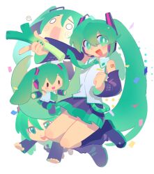 4girls black_boots black_skirt black_sleeves blush boots chibi chill_(chill_meal) chinese_commentary clenched_hand collared_shirt commentary_request confetti detached_sleeves floating_neckwear food green_eyes green_hair hachune_miku hair_ornament hatsune_miku headset highres holding holding_food holding_spring_onion holding_vegetable index_finger_raised long_hair looking_at_viewer miku_day mikudayo miniskirt multiple_girls multiple_persona open_mouth outstretched_arm pleated_skirt shirt shoulder_tattoo skirt smile spring_onion tattoo twintails vegetable very_long_hair vocaloid