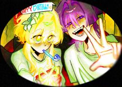 1boy 1girl alternate_costume arm_at_side arms_at_sides blonde_hair blunt_ends box bright_pupils casual collarbone contemporary dilated_pupils flower genshin_impact gift gift_box green_shirt green_sleeves hair_flower hair_intakes hair_ornament hand_up happy_birthday highres holding holding_gift long_sleeves looking_at_viewer lumine_(genshin_impact) ngocsaohoa open_mouth party_horn purple_eyes raised_eyebrows scaramouche_(genshin_impact) shirt short_hair short_hair_with_long_locks short_sleeves side-by-side sidelocks speech_bubble tareme teeth tongue tsurime w white_flower white_pupils wispy_bangs yellow_eyes