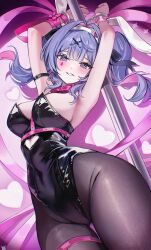 1girl animal_ears arm_belt armpits arms_up belt black_belt black_leotard black_pantyhose blue_eyes blue_hair blush bow bowtie breasts chest_belt cowboy_shot cuffs fake_animal_ears floating_hair grin hair_between_eyes hairband handcuffs hatsune_miku heart heart_print highres large_breasts leotard long_hair looking_at_viewer multicolored_hair pantyhose pink_belt pink_bow pink_bowtie pink_hair pink_pupils pink_ribbon pole print_background rabbit_ears rabbit_hole_(vocaloid) ribbon smile solo standing strapless strapless_leotard streaked_hair teardrop_facial_mark thighs twintails vocaloid white_hairband wrist_ribbon zije