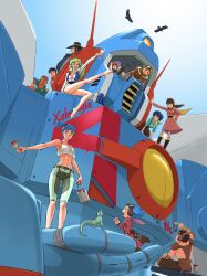 6+boys absurdres aobito_sukoyaka_bystander bag bandana bandana_around_neck barefoot belt birin_nada blue_eyes blue_hair boots brown_boots brown_hair brown_headband brown_pants burume buzz_cut character_name chill_(xabungle) copyright_name dress dyke_(xabungle) elchi_cargo geraba_geraba goggles goggles_on_head green_hair hair_bobbles hair_ornament handbag hat headband high_side_ponytail highres jiron_amos kid_horla lizard maria_maria multiple_boys paint pants pink_dress rag_uralo sentou_mecha_xabungle short_hair sitting sitting_on_mecha standing sun_hat timp_sharon toned toned_female very_short_hair xabungle_(mecha)
