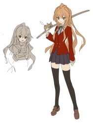 1girl aisaka_taiga animal_on_weapon arm_at_side black_thighhighs blazer bokken box brown_eyes brown_hair brown_shoes chinese_commentary closed_mouth collared_shirt commentary_request dress_shirt flat_color full_body gift gift_box grey_skirt hair_between_eyes hand_up holding holding_box holding_gift holding_sword holding_weapon jacket kumatangent loafers long_hair long_sleeves looking_at_viewer miniskirt multiple_views neck_ribbon oohashi_high_school_uniform over_shoulder palmtop_tiger pleated_skirt red_jacket ribbon scarf school_uniform shirt shoes simple_background sketch skirt solo standing sword sword_over_shoulder thighhighs tiger toradora! two-handed weapon weapon_over_shoulder white_background white_shirt winter_uniform wooden_sword zettai_ryouiki