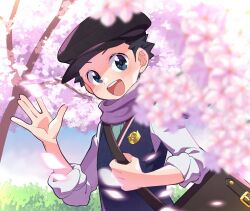 Rule 34 | 1boy, :d, bag, black hair, brown bag, commentary request, day, falling petals, futako (gemini ds), green necktie, happy, hat, male focus, necktie, nintendo, official alternate costume, open mouth, outdoors, petals, pokemon, pokemon masters ex, purple scarf, rei (academy) (pokemon), rei (pokemon), scarf, shirt, short hair, shoulder bag, sleeves rolled up, smile, solo, teeth, tree, upper teeth only, vest