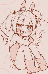 Rule 34 | 1girl, :3, animal ear fluff, animal ears, bare shoulders, blush, boots, brown background, commentary, gloves, hair between eyes, jigatei (omijin), knees up, leotard, looking at viewer, monochrome, original, pigeon-toed, puckered lips, rabbit ears, rabbit girl, rabbit tail, romaji text, sitting, solo, strapless, strapless leotard, symbol-only commentary, tail, twintails