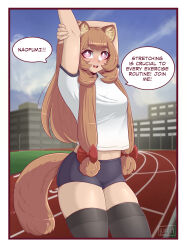 :d absurdres alternate_costume animal_ear_fluff animal_ears artist_name black_thighhighs blue_sky border breasts bright_pupils brown_hair cloud cloudy_sky commentary day english_commentary english_text eyelashes gym_uniform hair_ribbon highres long_hair looking_at_viewer luxu medium_breasts midriff_peek navel open_mouth outdoors pink_hair raccoon_ears raccoon_girl raccoon_tail raphtalia red_ribbon ribbon shirt short_shorts short_sleeves shorts signature skindentation sky smile speech_bubble tail tate_no_yuusha_no_nariagari teeth thick_thighs thighhighs thighs upper_teeth_only white_border white_pupils white_shirt