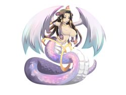 1girl bare_shoulders black_hair blush breasts closed_mouth feathered_wings game_cg gold hair_ornament harpy lamia large_breasts large_variant_set mon-musu_quest! mon-musu_quest:_paradox monster_girl navel nipples non-web_source nose parted_bangs pointy_ears saja_(mon-musu_quest!) shiki_(psychedelic_g2) slit_pupils smug snake snake_hair solo usekh_collar variant_set winged_arms wings yellow_eyes