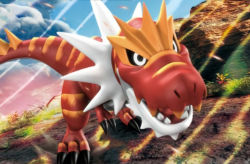 3d claws commentary creature day dinosaur english_commentary full_body gen_6_pokemon hatachuu nintendo no_humans official_art outdoors pokemon pokemon_(creature) pokemon_tcg solo standing third-party_source tyrantrum