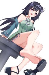 1girl absurdres barefoot black_hair feet genshin_impact hairband highres iberiko_(soinesitai) lan_yan_(genshin_impact) light_blush long_hair looking_at_viewer open_mouth purple_eyes right_shoe_removed shoe_dangle sitting soles toes