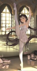 Rule 34 | 1girl, arm up, armpits, asha (bangsom), ballerina, ballet, ballet slippers, bangsom, breasts, bridal sleeves, brown eyes, brown hair, dress, en pointe, highres, indoors, leg up, leotard, leotard peek, long hair, original, shoes, solo, split, standing, standing on one leg, standing split, sweat, sweatdrop, tutu, upskirt, very long hair, white dress, white leotard, wrap skirt
