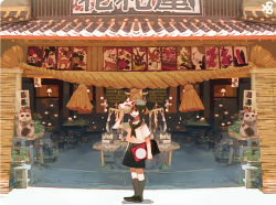 1girl bonsai fox_mask maneki-neko mask nono_(tagazumi) original rope scenery school_uniform serafuku shimenawa storefront