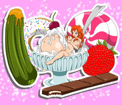 1girl artist_name bare_shoulders belly big_belly breasts cherry commentary dated english_commentary food fruit highres large_breasts long_hair marrazan navel open_mouth orange_hair outie_navel pregnant smile solo spoon star_(symbol) stomach stomach_bulge teeth whipped_cream