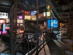 ad bird birdcage building cage canal chair city commentary_request harutoshi night no_humans railing scenery sign stairs storefront table taimanin_(series) taimanin_asagi_zero water
