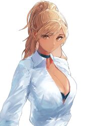 Rule 34 | 1girl, black bra, black choker, blonde hair, borrowed character, bra, bra peek, breasts, choker, cleavage, closed mouth, collared shirt, commission, dark-skinned female, dark skin, gyaru, hibiki (macqus), highres, large breasts, long hair, long sleeves, looking to the side, mole, mole under eye, nemofurai, orange eyes, original, partially unbuttoned, ponytail, shirt, simple background, skeb commission, solo, tan, underwear, upper body, white background, white shirt