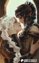 2girls artist_name baldur&#039;s_gate baldur&#039;s_gate_3 black_dress black_hair braid closed_eyes closed_mouth commentary dress dual_persona dungeons_&amp;_dragons dungeons_&amp;_dragons elf hand_on_another&#039;s_arm long_hair looking_at_another multiple_girls pointy_ears scar scar_on_face scar_on_nose selfcest shadowheart_(baldur&#039;s_gate) single_braid smile symbol-only_commentary useless_elf white_hair yuri