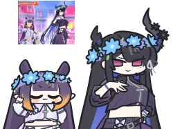 2girls :&gt; :3 absurdres asymmetrical_horns black_hair black_jacket black_skirt blue_flower blue_hair blunt_bangs blush blush_stickers breasts broken_horn chibi closed_eyes closed_mouth colored_inner_hair commentary cowboy_shot crop_top crop_top_overhang cropped_jacket flat_chest flower frilled_sleeves frills gradient_hair hand_on_own_chest hand_on_own_hip hashtag-only_commentary head_wreath headset height_difference highres hololive hololive_english horn_flower horns jacket long_hair looking_at_viewer medium_breasts microphone midriff mole mole_under_eye multicolored_hair multiple_girls navel nerissa_ravencroft ninomae_ina&#039;nis no_pupils official_alternate_costume orange_hair pointy_ears purple_eyes purple_hair purple_jacket reiruka screenshot_inset simple_background skirt smile smirk smug standing tentacle_hair two-tone_hair virtual_youtuber white_background white_skirt wristband zipper