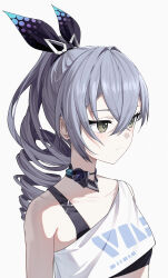 1girl :/ absurdres breasts collarbone crop_top crossed_bangs drill_hair drill_ponytail geez grey_eyes grey_hair highres honkai:_star_rail honkai_(series) looking_ahead shirt silver_wolf_(honkai:_star_rail) simple_background single-shoulder_shirt single_drill small_breasts solo upper_body white_background white_shirt