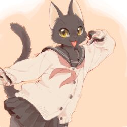 1girl animal_hands brown_fur cat_girl claws cowboy_shot facial_mark fangs furry furry_female hands_up kikurage_(crayon_arts) looking_at_viewer orange_background orange_sweater original skirt solo sweater tail whisker_markings yellow_eyes