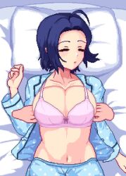 1boy 1girl animated blue_hair bra breasts breasts_squeezed_together closed_eyes cum cum_on_body cum_on_breasts cum_on_hair cum_on_upper_body facial grabbing_another&#039;s_breast groping hetero hothot148 idolmaster large_breasts licking_lips lube lube_bottle lying miura_azusa naughty_face navel nipples on_back on_bed paizuri pajamas penis pink_bra short_hair sleep_molestation sleeping sleepwear smile straddling straddling_paizuri tongue tongue_out underwear video