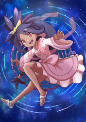 1girl absurdres artist_request clenched_hands collarbone dark-skinned_female dark_skin dress eyelashes feet female_focus flat_chest floating floating_hair full_body happy highres iris_(pokemon) knee_up knees legs light_blush long_hair long_sleeves looking_at_viewer low-tied_long_hair multiple_views neck nintendo official_alternate_costume official_alternate_hairstyle open_clothes open_mouth open_skirt outstretched_arms parted_bangs pink_dress pokemon pokemon_bw2 purple_hair red_eyes sandals sidelocks skirt star_(sky) starry_sky_background thighs tiara toes turnaround v-neck very_long_hair white_sandals wide_sleeves
