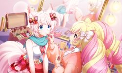 Rule 34 | 2girls, :o, ahoge, animal ear fluff, animal ears, applying lipstick, applying makeup, applying another&#039;s makeup, artist request, bell, blonde hair, blue eyes, blue scarf, bow, cardigan, cat ears, cosmetics, drill hair, fox ears, fox girl, fox tail, hair bell, hair bow, hair ornament, holding, holding lipstick tube, howan (show by rock!!), indoors, lens flare, lipstick, lipstick tube, long hair, looking at another, makeup, makeup brush, mashima himeko (show by rock!!), mirror, multicolored hair, multiple girls, necktie, official art, pink cardigan, pink hair, pink nails, pink necktie, pink skirt, red eyes, scarf, shirt, short hair, show by rock!!, side ponytail, skirt, sleeveless, sleeveless shirt, sparkle, tail, third-party source, twin drills, two-tone hair, white shirt