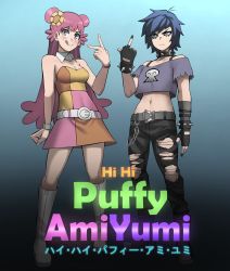 2girls :p ami_onuki animification belt blue_background blue_eyes blue_hair boots bracelet breasts cleavage copyright_name dress fingerless_gloves flower gloves hair_flower hair_ornament hi_hi_puffy_amiyumi highres jewelry jourd4n long_hair medium_breasts middle_finger multiple_girls pink_eyes pink_hair short_hair simple_background spiked_bracelet spikes tongue tongue_out torn_clothes torn_legwear two-tone_background v watch yumi_yoshimura