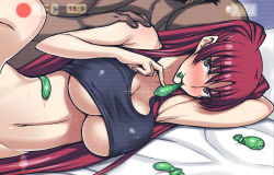 Rule 34 | 1boy, 1girl, arm behind head, armpits, bald, blush, bottomless, breasts, brown eyes, cleavage, condom, condom in mouth, covered erect nipples, darabuchi, faceless, faceless male, fat, fat man, hetero, kousaka tamaki, large breasts, long hair, looking at viewer, lying, mouth hold, navel, netorare, nose blush, old, old man, on bed, on side, recording, red hair, sex, stomach, sweat, tank top, to heart (series), to heart 2, two side up, upper body, used condom, very long hair
