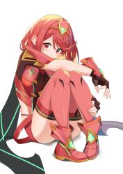 1girl bob_cut breasts full_body hehe_jun highres large_breasts pyra_(xenoblade) red_eyes red_hair red_shorts red_thighhighs short_hair shorts simple_background solo swept_bangs thighhighs tiara white_background xenoblade_chronicles_(series) xenoblade_chronicles_2