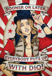1boy adjusting_clothes adjusting_headwear aqua_eyes black_hat blonde_hair bracelet braid casey_parris character_name colored_pencil_(medium) commentary dio_(kyokugen_dasshutsu) english_commentary english_text fingernails gouache_(medium) hat jacket jewelry kyokugen_dasshutsu kyokugen_dasshutsu_adv:_zennin_shibou_desu lips male_focus marker_(medium) medium_hair mixed_media necklace open_clothes open_jacket painting_(medium) pectorals photoshop_(medium) red_jacket shirt solo source_quote star_(symbol) teeth top_hat traditional_media tumblr_username twin_braids upper_body watermark web_address
