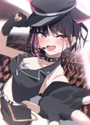 1girl :d animal_ears bare_shoulders black_choker black_gloves black_hair black_hat black_nails black_shorts blue_archive blush breasts cat_ears cat_girl choker cleavage colored_inner_hair commentary cosplay cowboy_shot extra_ears fang fingerless_gloves foreshortening gloves glowstick halo hand_up happy hat highres idol idol_clothes kazu_(kauk3753) kazusa_(blue_archive) looking_at_viewer medium_breasts multicolored_hair nail_polish navel open_mouth peaked_cap pink_hair pink_halo reaching reaching_towards_viewer red_eyes serika_(blue_archive) serika_(blue_archive)_(cosplay) serika_(idol)_(blue_archive) short_hair shorts skin_fang smile solo stage tsurime