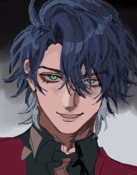 1boy aqua_eyes black_shirt blue_hair collared_shirt commentary_request curtained_hair hair_behind_ear hair_between_eyes honkai:_star_rail honkai_(series) looking_at_viewer lower_eyelashes_only male_focus parted_lips portrait sampo_koski sanpaku shirt slit_pupils smile solo teeth wing_collar xo_5ss