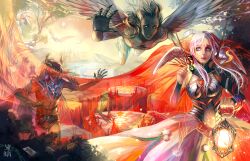 3girls 4boys abs alice_(alice_in_wonderland) alice_in_wonderland animal_ears armor bare_legs bare_shoulders barefoot bird_wings black_shirt blue_hair bracer breastplate breasts bush card castle character_request chest_jewel claws clenched_hand club_(shape) colored_skin commentary cup dark-skinned_male dark_skin demon_horns double_bun english_commentary evil_grin evil_smile eyelashes facial_mark fantasy feathered_wings feet_out_of_frame fire forehead_mark frown gem glowing glowing_eyes green_skin grey_pants grey_skin grin hair_bun hair_over_shoulder hair_through_headwear head_wings heart-shaped_gem highres holding holding_cup holding_lantern horns in_tree lake lantern large_breasts leotard light_particles lipstick long_hair long_skirt long_sleeves looking_ahead makeup mole mole_above_mouth multiple_boys multiple_girls open_mouth outstretched_arm pants pink_eyes pink_hair pink_lips pink_skirt playing_card ponytail rabbit_ears rabbit_girl red_eyes red_gemstone red_veil saiprin scared shirt sitting sitting_in_tree skirt sky sleeved_leotard smile star_(symbol) sunrise teeth tight_clothes toned toned_male tree upper_teeth_only veil white_hair white_leotard white_rabbit_(alice_in_wonderland) white_wings wide-eyed wings yellow_eyes yellow_horns yellow_sky zombie