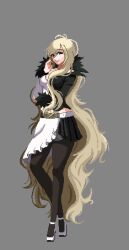1girl absurdly_long_hair aeonimitate black_eyes black_thighhighs blonde_hair breasts cleavage commentary dress english_commentary full_body fur_trim hair_down heterochromia high_heels highres hilda_(under_night_in-birth) large_breasts long_hair messy_hair multicolored_dress pixel_art red_eyes shoes smile solo swept_bangs thighhighs two-tone_dress under_night_in-birth very_long_hair white_shoes