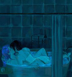 2girls alien_stage bathtub black_hair closed_eyes commentary dress glasses highres iri_iri kiss long_hair mizi_(alien_stage) multiple_girls pink_hair shared_bathing shower_curtain sleeveless sleeveless_dress sua_(alien_stage) symbol-only_commentary tile_wall tiles white_dress yuri