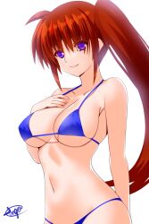 1girl artist_name bikini blue_bikini breasts brown_hair cleavage collarbone engo_(aquawatery) large_breasts long_hair lyrical_nanoha mahou_shoujo_lyrical_nanoha midriff navel purple_eyes side_ponytail signature simple_background smile solo standing stomach swimsuit takamachi_nanoha white_background