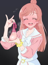 1girl :d ^_^ black_background blush closed_eyes commentary_request condom cum excessive_cum hair_bun highres hirogaru_sky!_precure holding holding_condom long_hair long_sleeves meme nijigaoka_mashiro open_mouth pink_shirt precure pubic_hair red_hair sailor_collar school_uniform scrunchie shirt simple_background single_hair_bun skirt smile solo stray_pubic_hair string_play_spider_baby_(meme) sweat tedain used_condom white_sailor_collar white_skirt wrist_scrunchie yellow_scrunchie
