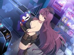 1girl :o ass bebe-tan belt belt_pouch bike_shorts black_ribbon blush breasts brochure brown_belt buttons cleavage collarbone double-breasted gloves hair_between_eyes hair_ribbon hebijo_academy_school_uniform indoors infinity_symbol large_breasts lens_flare light_particles long_hair looking_at_viewer looking_to_the_side median_furrow murasaki_(senran_kagura) official_alternate_costume official_art open_mouth poster_(object) pouch purple_eyes purple_hair purple_thighhighs ribbon school_uniform senran_kagura senran_kagura_new_link senran_kagura_shinovi_versus shelf skindentation solo standing stuffed_animal stuffed_toy teddy_bear thighhighs tile_floor tiles torn_boots torn_clothes torn_sleeve torn_thighhighs turnstile very_long_hair white_gloves yaegashi_nan