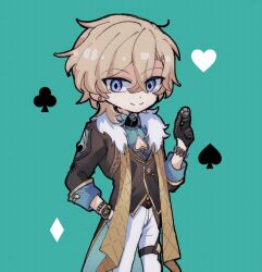 1boy aventurine_(honkai:_star_rail) belt_collar blonde_hair bracelet cleavage_cutout clothing_cutout coat collar collared_shirt dattepoka dice earrings hand_in_pocket hand_up holding holding_dice honkai:_star_rail honkai_(series) jewelry male_focus multicolored_eyes pants shirt short_hair solo thigh_strap two-tone_eyes vest waistcoat watch wristwatch