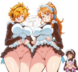 4girls absurdres apron black_dress black_hair blue_ribbon blush_stickers breasts bright_pupils cameltoe closed_eyes closed_mouth clothes_lift commentary covering_another&#039;s_eyes curvy dress dress_lift earrings english_commentary english_text frilled_apron frills grin hair_over_one_eye hair_ribbon high_ponytail highres jewelry jewelry_bonney large_breasts lewdamone lifting_own_clothes long_sleeves looking_at_viewer maid_apron maid_headdress messy_hair multiple_girls nami_(one_piece) naughty_face nico_robin one_piece orange_hair panties patreon_logo pink_eyes pink_hair ponytail ribbon shiny_skin simple_background smile speech_bubble teeth thighs thong tongue tongue_out underwear upper_teeth_only v-shaped_eyebrows vegapunk_lilith watermark web_address white_apron white_background white_pupils wide_hips