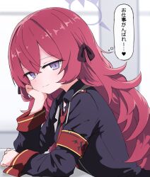 Rule 34 | 1girl, armband, blue archive, grey jacket, grey shirt, hair between eyes, halo, highres, iroha (blue archive), jacket, necktie, purple eyes, purple halo, rainyghostdance (migumo), red armband, red hair, red necktie, shirt, solo, speech bubble, translation request