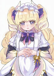1girl absurdres apron blonde_hair blush bow breasts dragon_girl dragon_horns dragon_wings dress duel_monster frilled_apron frilled_dress frilled_hairband frilled_sleeves frills hairband highres horns lady&#039;s_dragonmaid long_hair long_sleeves maid maid_apron maid_headdress medium_breasts nikuko open_mouth puffy_long_sleeves puffy_sleeves purple_bow purple_eyes simple_background smile solo very_long_hair white_apron white_background wings yu-gi-oh!