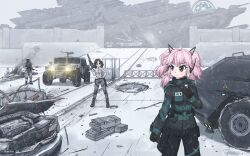 2girls 51qu_de_yeying alaska american_flag assault_rifle barricade battle battlefield black_eyes black_pants brown_hair browning_m2 car caterpillar_tracks checkpoint coat crater energy_gun foehn_revolt foehn_revolt_symbol gloves green_coat grey_pants grey_sky gun headphones heavy_machine_gun highres humvee jacket laser_rifle m16 machine_gun military military_uniform military_vehicle motor_vehicle multi-tied_hair multiple_boys multiple_girls paladin_tank_hunter pants paradox_engine pink_hair rifle riot_shield security_checkpoint shield sky snowing soldier tank tanya_adams war weapon wheel white_jacket winter wreckage yunru_(mental_omega)