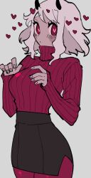 1girl :o amiri_ari black_horns black_skirt black_tail blush breasts closed_mouth cowboy_shot demon_girl demon_horns demon_tail heart heart-shaped_pupils helltaker highres horns large_breasts modeus_(helltaker) pantyhose pencil_skirt red_eyes red_sweater ribbed_sweater skirt sweater symbol-shaped_pupils tail turtleneck turtleneck_sweater white_hair