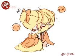 &gt;_&lt; 1boy 1girl ^_^ aku_no_meshitsukai_(vocaloid) aku_no_musume_(vocaloid) allen_avadonia arms_between_legs blonde_hair bow brother_and_sister brown_pants brown_vest chibi choker closed_eyes collared_jacket dress evillious_nendaiki eyelashes frilled_dress frills hair_bow hands_on_another&#039;s_head headpat high_ponytail jacket kagamine_len kagamine_rin kneeling long_sleeves off-shoulder_dress off_shoulder orange_bow orange_choker orange_jacket pants ponytail riliane_lucifen_d&#039;autriche short_ponytail siblings sidelocks smile spoken_expression teasing twins twitter_username updo ur1ryu vest wavy_mouth wide_sleeves yellow_dress