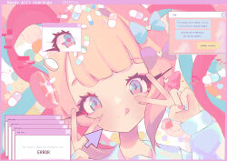 1girl :q absurdres blonde_hair blue_bow blue_eyes blue_hair blue_shirt bow chouzetsusaikawa_tenshi-chan closed_mouth copyright_name double_v error_message hair_bow hands_up highres long_hair long_sleeves looking_at_viewer multicolored_hair multicolored_nails multiple_hair_bows nail_polish needy_girl_overdose pill pink_bow pink_hair purple_bow quad_tails shirt smile solo tongue tongue_out upper_body v v_over_eye vivi_marcel window_(computing)