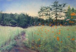 Rule 34 | blue sky, cosmos (flower), fence post, flower, grass, highres, morning, no humans, norako pastel, orange flower, orange sky, original, painting (medium), path, purple flower, road, rope fence, scenery, sky, sunlight, sunrise, tall grass, traditional media, tree