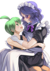 2boys :d aaron_(pokemon) ahoge akr_(tvfz2233) alternate_costume apron black_dress commentary_request dress enmaided eye_contact gloves green_eyes green_hair happy looking_at_another lucian_(pokemon) maid maid_headdress male_focus multiple_boys nintendo open_mouth orange_pants pants pokemon pokemon_dppt shirt short_hair short_sleeves sitting sitting_on_lap sitting_on_person sleeveless sleeveless_shirt smile white_apron white_background white_gloves yaoi