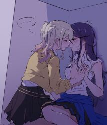 Rule 34 | ..., 2girls, black skirt, blonde hair, blue jacket, blush, chigira sakuko, closed mouth, clothes around waist, collared shirt, ear blush, gradient hair, highres, holding hands, hoshino ichika (project sekai), interlocked fingers, jacket, jacket around waist, long hair, multicolored hair, multiple girls, open clothes, open shirt, pink hair, project sekai, purple hair, school uniform, shirt, skirt, sleeveless, sleeveless shirt, spoken ellipsis, tenma saki, twintails, white shirt, yellow jacket, yuri