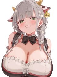 1girl absurdres animal_ears arms_behind_back black_bow black_bowtie blush bow bowtie breasts cleavage cow_ears cow_girl cow_horns detached_collar detached_sleeves frilled_shirt frills green_eyes highres hololive horns large_breasts looking_at_viewer masute shirogane_noel shirt simple_background smile smoke solo suspenders upper_body white_background