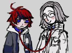2boys aotsuki_eito bdsm blue_eyes blue_hair blush bondage bound closed_eyes closed_mouth collar frown highres leash male_focus multiple_boys red_hair sketch smile sumino_takumi the_hundred_line_-last_defense_academy- upper_body white_background white_hair yaoi